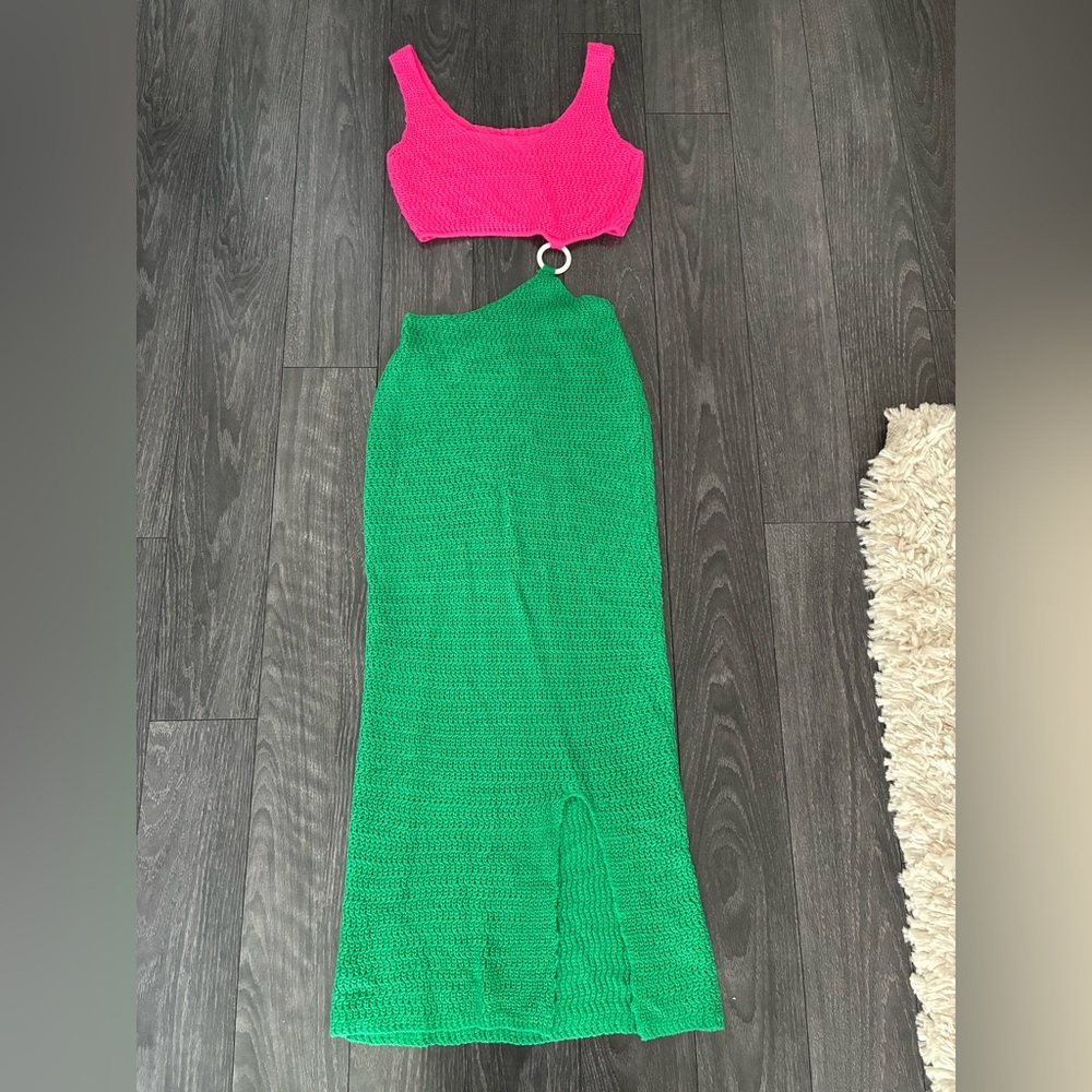 Crochet Knit Pink & Green Cut Out Dress sz Small